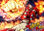  1boy black_eyes burning_hand capcom character_name clenched_hand fire gears helmet highres nomayo punching_at_viewer robot rockman rockman_(classic) rockman_11 solo torch_man 