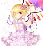  1girl ;) alternate_costume arm_up balloon bangs bare_arms bare_shoulders blonde_hair cowboy_shot crystal dress eyebrows_visible_through_hair flandre_scarlet flat_chest floral_background floral_dress floral_print flower grin hair_between_eyes hair_blowing hair_ribbon holding_balloon layered_dress one_eye_closed petals ribbon rose sakipsakip short_hair side_ponytail smile solo spaghetti_strap sundress swept_bangs touhou white_background wind wings wrist_cuffs wrist_ribbon 