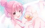  1girl :d bad_id bad_twitter_id bath bathtub blush copyright_request from_side hair_bun looking_at_viewer looking_to_the_side nude open_mouth pink_hair red_eyes rubber_duck smile solo vanilla_(miotanntann) 