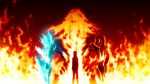  back-to-back black_background fate/grand_order fate_(series) fire giant glowing glowing_eye horns ice long_hair monster ophelia_phamrsolone red_eyes standing surtr_(fate/grand_order) 