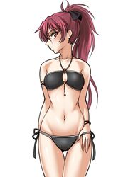  1girl alternate_costume bikini black_bikini blush breasts gluteal_fold groin looking_to_the_side mahou_shoujo_madoka_magica navel pink_hair sakura_kyouko satom side-tie_bikini small_breasts solo swimsuit yellow_eyes 