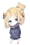  1girl abigail_williams_(fate/grand_order) bangs black_jacket blonde_hair blue_eyes blush chibi closed_mouth commentary_request cottontailtokki eyebrows_visible_through_hair fate/grand_order fate_(series) full_body hair_bun hands_up highres jacket long_sleeves parted_bangs red_footwear simple_background sleeves_past_fingers sleeves_past_wrists smile solo standing white_background 