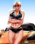  1girl artist_name bikini black_bikini blonde_hair bowalia breasts brown_eyes car commentary_request cowboy_shot crossed_arms ground_vehicle motor_vehicle navel_piercing original parted_lips piercing signature solo sunglasses swimsuit thighs toned 