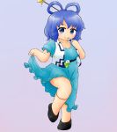  1girl :p belt black_footwear blue_dress blue_eyes blue_hair chibi commentary_request dress drill_hair eyebrows_visible_through_hair finger_to_cheek flower grey_background hair_between_eyes hair_ornament hair_rings hair_stick kaku_seiga leg_lift leg_ribbon looking_at_viewer puffy_short_sleeves puffy_sleeves ribbon shawl short_hair short_sleeves simple_background skirt_hold solo standing standing_on_one_leg tongue tongue_out touhou twin_drills yukimuro 