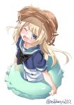  1girl blonde_hair blue_eyes blue_sailor_collar dress ebifurya hat highres innertube jervis_(kantai_collection) kantai_collection long_hair looking_at_viewer one_eye_closed open_mouth sailor_collar sailor_dress short_sleeves smile solo straw_hat twitter_username white_dress 