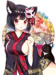  1girl :o animal animal_ears azur_lane bangs black_cat black_hair black_kimono blush breasts cat cat_ears cat_mask commentary_request eyebrows_visible_through_hair fang fingernails hand_up highres japanese_clothes kimono large_breasts long_sleeves looking_at_viewer mask mask_on_head nail_polish parted_lips pink_nails red_eyes ryoutan short_hair sideboob solo wide_sleeves yamashiro_(azur_lane) 
