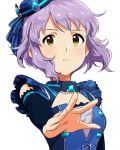  1girl cleavage_cutout closed_mouth commentary_request costume detached_sleeves hat highres idolmaster idolmaster_million_live! looking_at_viewer makabe_mizuki mini_hat nagami_tami portrait purple_hair reaching_out short_hair solo white_background yellow_eyes 