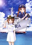  2girls absurdres anchor binoculars boat breast_pocket brown_eyes brown_hair buttons cannon clouds collared_jacket day flag girls_und_panzer hat highres holding insignia japan_coast_guard kadotani_anzu military military_hat military_rank_insignia military_uniform military_vehicle multiple_girls naval_uniform nishizumi_miho ocean official_art open_mouth outdoors pocket radar salute ship skirt sky smile twintails uniform warship water watercraft weapon 