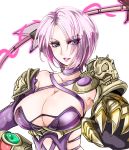  1041_(toshikazu) 1girl aqua_eyes armor breasts cleavage collar collarbone commentary_request eyes_visible_through_hair gauntlets gloves hair_over_one_eye isabella_valentine large_breasts makeup pauldrons revealing_clothes short_hair silver_hair single_gauntlet soul_calibur sword weapon whip whip_sword 