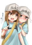  2girls arm_up bag blue_shirt blush brown_eyes brown_hair flying_sweatdrops hat hataraku_saibou highres long_hair multiple_girls open_mouth peeking_out platelet_(hataraku_saibou) pointing rokosu_(isibasi403) shirt shirt_grab shy smile translated upper_body 