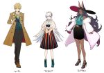  1boy 2girls anastasia_(fate/grand_order) arthur_pendragon_(fate) bare_shoulders black_pants blonde_hair blue_eyes boots coat commentary commentary_request curly_hair dark_skin dress ears_through_headwear eyewear_removed fate/grand_order fate_(series) hair_over_one_eye hairband hat highres jewelry long_hair multiple_girls necklace nozaki_tsubata off_shoulder pants queen_of_hearts sandals scarf short_hair simple_background sketch skirt smile sunglasses very_long_hair white_background white_hair 