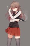  1girl ;) arm_up blush brown_eyes brown_hair closed_mouth collared_shirt commentary_request grey_background grey_legwear gun handgun highres holding holding_gun holding_weapon long_hair long_sleeves looking_at_viewer one_eye_closed original pistol pleated_skirt rabochicken red_skirt school_uniform shirt simple_background skirt smile smoke solo standing sweater_vest thigh-highs very_long_hair weapon weapon_request white_shirt 