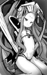  1girl bow breasts facial_mark fate/grand_order fate_(series) forehead forehead_mark grey_background greyscale headpiece highres kneeling long_hair looking_at_viewer monochrome navel revealing_clothes sketch small_breasts smile solo suurin_(ksyaro) very_long_hair wu_zetian_(fate/grand_order) 