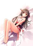  1girl bare_shoulders barefoot black_hair brown_eyes eyebrows_visible_through_hair full_body hair_ornament hairclip haruna_(kantai_collection) headgear highres jewelry kantai_collection kuro-kun_(nablack) long_hair looking_at_viewer lying no_shoes nontraditional_miko on_back on_bed pleated_skirt red_skirt remodel_(kantai_collection) ring skirt solo wedding_band 