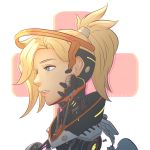  1girl artist_name blonde_hair blue_eyes close-up face high_ponytail koyorin lips mechanical_halo mercy_(overwatch) overwatch parted_lips parts_exposed robot short_hair solo 