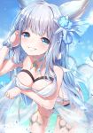  1girl animal_ears bangs bare_shoulders blue_eyes blunt_bangs blush bracelet breast_hold breasts choker cleavage collarbone day erune eyebrows_visible_through_hair granblue_fantasy hair_ornament hand_in_hair highres jewelry korwa large_breasts leaning_forward long_hair looking_at_viewer ocean outdoors parted_lips partially_submerged sidelocks silver_hair smile solo splashing thighs topia water water_drop 