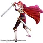  1boy :o belt black_pants cape fighting_stance fingerless_gloves gloves knee_pads looking_at_viewer male_focus official_art pants paranai red_cape red_eyes red_gloves redhead sheath shoulder_armor sword weapon white_footwear wii_hola 