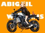  1girl :d abigail_williams_(fate/grand_order) absurdres alsielmk background_text bangs black_footwear black_jacket blonde_hair blue_eyes character_name commentary_request fate/grand_order fate_(series) ground_vehicle hair_bun highres jacket long_hair long_sleeves looking_at_viewer motor_vehicle motorcycle open_mouth orange_background parted_bangs shoes sitting sleeves_past_fingers sleeves_past_wrists smile solo stuffed_animal stuffed_toy teddy_bear upper_teeth 
