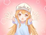  09261377 1girl :o bangs blue_shirt blush brown_eyes character_name clothes_writing commentary_request eyebrows_visible_through_hair flat_cap hair_between_eyes hat hataraku_saibou highres light_brown_hair long_hair looking_at_viewer open_mouth outstretched_arms platelet_(hataraku_saibou) shirt short_sleeves solo sparkle tears very_long_hair white_hat 