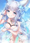  1girl animal_ears bangs bare_shoulders blue_eyes blunt_bangs blush bracelet breast_hold breasts choker cleavage collarbone commentary_request day erune eyebrows_visible_through_hair granblue_fantasy hair_ornament hand_in_hair highres jewelry korwa large_breasts leaning_forward long_hair looking_at_viewer ocean outdoors parted_lips partially_submerged sidelocks silver_hair smile solo splashing thighs topia water water_drop 