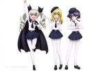  3girls :d ;d absurdres anchovy anzio_school_uniform arm_behind_back arm_up belt black_cape black_footwear black_hair black_neckwear black_ribbon blonde_hair blue_hat blue_skirt braid cape carpaccio copyright_name eyebrows_visible_through_hair floating_hair full_body girls_und_panzer green_eyes grin hair_between_eyes hair_ribbon hands_clasped hat highres leg_up long_hair looking_at_viewer miniskirt multiple_girls necktie official_art one_eye_closed open_mouth own_hands_together page_number pantyhose pepperoni_(girls_und_panzer) pleated_skirt red_eyes ribbon shiny shiny_hair shirt short_hair_with_long_locks sidelocks silver_hair simple_background single_braid skirt smile standing standing_on_one_leg twintails white_background white_legwear white_shirt yoshida_nobuyoshi 