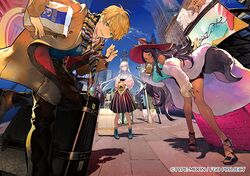  1boy 2girls anastasia_(fate/grand_order) animal_ears aqua_eyes black_pants blonde_hair blue_sky breasts brown_footwear building carrying_bag character_request day dress fate/grand_order fate_(series) green_eyes hat large_breasts leaning_forward looking_at_viewer luggage multiple_girls nozaki_tsubata official_art outdoors pants red_hat road road_sign scarf shadow sidewalk sign skirt sky skyscraper standing striped striped_scarf striped_skirt tail watermark 