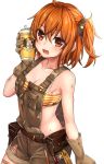 1girl :d ahoge bandaid bandaid_on_leg bandeau bangs bare_shoulders belt_buckle belt_pouch blush breast_pocket breasts brown_belt brown_gloves brown_overalls brown_scrunchie buckle cleavage collarbone commentary_request cowboy_shot cup dirty eyebrows_visible_through_hair fate/grand_order fate_(series) fujimaru_ritsuka_(female) gloves hair_between_eyes hair_ornament hair_scrunchie holding holding_cup looking_at_viewer medium_breasts medium_hair open_mouth orange_bandeau orange_eyes orange_hair overalls pocket pouch saint_quartz scrunchie shiny shiny_hair shiny_skin shuutou_haruka side_ponytail sidelocks simple_background smile solo standing star striped sweat torn_clothes torn_overalls white_background zipper zipper_pull_tab 