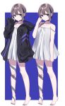  aqua_eyes bare_arms bare_shoulders barefoot black_choker black_hoodie blue_background border brown_hair choker collarbone copyright_request dress dual_persona feet full_body highres hood hoodie long_sleeves looking_at_viewer misumi_(macaroni) short_hair standing strap_slip white_border white_dress 