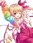  1girl flandre_scarlet food headwear_removed holding holding_food ice_cream ice_cream_cone kure~pu looking_at_viewer no_hat no_headwear one_eye_closed simple_background smile touhou v wings 