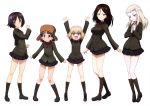  5girls :d absurdres arms_up black_footwear black_legwear black_skirt blonde_hair blue blue_eyes brown_eyes brown_hair brown_hat brown_jacket clara_(girls_und_panzer) eyes fang floating_hair full_body girls_und_panzer hair_between_eyes hat highres jacket katyusha kneehighs long_hair looking_at_viewer miniskirt multiple_girls nina_(girls_und_panzer) nonna official_art open_mouth pleated_skirt pravda_military_uniform red_shirt shirt short_hair short_twintails silver_hair simple_background skirt smile standing twintails white_background yoshida_nobuyoshi 