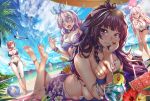  6+girls @_@ ass ball barefoot beach beachball benghuai_xueyuan bikini bird black_bikini blue_eyes blue_sky braid breasts brown_hair choker cleavage clouds cup drinking_glass drinking_straw food fruit grin hairband hasaya honkai_impact long_hair looking_at_viewer multiple_girls navel ocean outdoors palm_tree purple_hair redhead saliva seagull sky smile swimsuit tree violet_eyes watermelon white_bikini white_hair yae_sakura_(benghuai_xueyuan) 