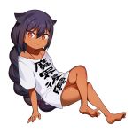 &gt;:) 1girl bare_legs barefoot black_hair braid clothes_writing commentary_request dark_skin fang fang_out full_body hair_between_eyes highres jahy jahy_sama_wa_kujikenai jewelry konbu_wakame long_hair looking_at_viewer naked_shirt necklace off_shoulder red_eyes shirt sidelocks solo t-shirt v-shaped_eyebrows very_long_hair white_background 