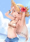  1girl :d absurdres altera_(fate) bikini_top blonde_hair blue_shorts blue_sky bracelet breasts cleavage clouds collarbone day fate/grand_order fate_(series) flower groin hair_between_eyes hat hat_flower hibiscus highres jewelry looking_at_viewer navel ocean open_mouth orange_eyes outdoors red_flower short_hair short_shorts shorts sky small_breasts smile solo standing straw_hat sun_hat sunhyun yellow_hat 