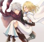  1boy 1girl blonde_hair blush cape carrying couple dress gloves hair_over_one_eye hetero jewelry long_hair octopath_traveler ophilia_(octopath_traveler) princess_carry scarf short_hair smile therion_(octopath_traveler) wspread 