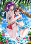  2girls :d ass bangs bare_arms bare_shoulders bikini blue_bikini blue_eyes blue_scrunchie blue_sky blurry blurry_foreground blush bow braid breasts brown_eyes brown_hair clouds commentary_request day depth_of_field dutch_angle eyebrows_visible_through_hair flower gegege_no_kitarou green_scrunchie hair_between_eyes hair_bow hair_bun hair_ornament hair_scrunchie hairclip highres horizon inuyama_mana looking_at_viewer looking_back low_ponytail medium_breasts motion_blur multiple_girls nekomusume nekomusume_(gegege_no_kitarou_6) ocean open_mouth outdoors outstretched_arms palm_tree parted_lips petals petals_on_liquid pink_flower purple_hair red_bikini red_bow red_flower scrunchie short_ponytail side-tie_bikini sky smile sparkle surfboard swimsuit swordsouls tree upper_teeth water water_drop wrist_scrunchie 