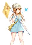  1girl bag blue_shirt blush brown_eyes brown_hat character_name closed_mouth clothes_writing collarbone commentary_request fingernails flag flat_cap hand_up hat hataraku_saibou highres holding holding_flag light_brown_hair long_hair platelet_(hataraku_saibou) seero shirt short_sleeves shoulder_bag simple_background smile solo standing very_long_hair white_background 