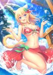  1girl :d animal_ears bikini blonde_hair blue_eyes blue_sky breasts cat_ears cat_tail cleavage clouds commentary_request double_w eyebrows_visible_through_hair facial_mark final_fantasy final_fantasy_xiv flower full_body green_nails hair_between_eyes hair_flower hair_ornament hair_ribbon highres jumping lens_flare long_hair looking_at_viewer medium_breasts miqo&#039;te mutsuba_fumi nail_polish navel open_mouth palm_tree revision ribbon sandals sarong sky smile solo stomach swimsuit tail toenail_polish tree w water water_drop 