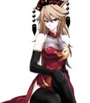  1girl adapted_costume black_gloves black_legwear blonde_hair breasts collarbone dress elbow_gloves gloves hair_between_eyes hand_on_lap hat highres junko_(touhou) kikoka_(mizuumi) long_hair looking_at_viewer red_eyes side_slit smile solo tassel thigh-highs touhou 