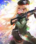  1girl bangs beret black-framed_eyewear black_hat black_shirt blonde_hair bubble_blowing chewing_gum commentary_request eyebrows_visible_through_hair girls_frontline glasses green_jacket gun hair_between_eyes hair_ornament hairclip hat holding holding_gun holding_weapon jacket long_hair long_sleeves looking_at_viewer namie-kun object_namesake open_clothes open_jacket over_shoulder red_eyes round_eyewear shirt signature skull_print sleeves_past_wrists solo translated type_80 type_80_(girls_frontline) v-shaped_eyebrows very_long_hair weapon weapon_over_shoulder 