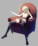  1girl absurdres ahoge bare_shoulders black_legwear blue_eyes breasts couch cozy food highres midriff open_mouth original popsicle saliva short_hair_with_long_locks shorts sitting sleeveless small_breasts solo sweat white_hair 