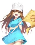  1girl :d baseball_cap blue_shirt brown_eyes brown_hair commentary_request cowboy_shot flag grey_shorts hat hataraku_saibou holding looking_at_viewer open_mouth oversized_clothes platelet_(hataraku_saibou) round_teeth shirt short_sleeves shorts simple_background smile solo soya_(torga) standing teeth white_background white_hat 