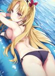 1girl alternate_costume ass bangs bikini blonde_hair blush breast_press breasts commentary_request contemporary cowboy_shot earrings ereshkigal_(fate/grand_order) eyebrows_visible_through_hair fate/grand_order fate_(series) female_ass from_behind hoop_earrings jewelry looking_at_viewer lying mafu9 on_stomach parted_bangs purple_bikini red_ribbon ribbon side-tie_bikini sideboob solo swimsuit tiara tohsaka_rin two_side_up untied untied_bikini water