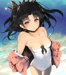  1girl bare_shoulders black_bow black_hair bow breasts collarbone commentary_request covered_navel day earrings fate/grand_order fate_(series) fur-trimmed_jacket fur_trim hair_bow highres ishtar_(fate/grand_order) jacket jewelry long_sleeves looking_at_viewer medium_breasts off_shoulder outdoors parted_lips pink_jacket red_eyes smile solo standing strapless strapless_swimsuit swimsuit tiara tohsaka_rin two_side_up venomrobo water white_swimsuit 