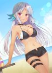  1girl :d arm_behind_back azur_lane bangs bare_shoulders bikini_top black_bikini_top black_choker black_shorts blue_sky blush breasts choker cleavage clouds collarbone dark_skin day drink drinking_straw eyebrows_visible_through_hair facial_mark feathers forehead_mark hair_feathers halter_top halterneck head_tilt highres lens_flare looking_at_viewer massachusetts_(azur_lane) medium_breasts native_american navel open_fly open_mouth outdoors parted_bangs pyonko_(pyonko_pyonko) shorts silver_hair sky smile solo straight_hair thigh_strap 