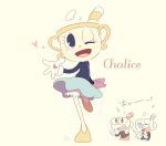  1girl 2boys ;d black_eyes blue_skirt character_name cuphead cuphead_(game) drinking_straw gloves heart ms._chalice mugman multiple_boys one_eye_closed open_mouth pumpkin_panties shorts simple_background skirt smile standing standing_on_one_leg white_gloves yellow_background yellow_footwear 