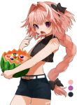  1boy artist_name astolfo_(fate) bangs bare_arms bare_shoulders belt black_shirt blueberry cherry circle commentary_request cowboy_shot crop_top denim denim_shorts eyebrows_visible_through_hair fang fate/apocrypha fate/grand_order fate_(series) food fruit gotoh510 hair_intakes hand_up highres holding holding_fruit holding_spoon long_braid long_hair looking_at_viewer male_focus midriff open_mouth pink_hair shirt short_shorts shorts signature sleeveless sleeveless_shirt spoon standing trap very_long_hair violet_eyes watermelon 