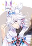  1boy ahoge anger_vein angry arm_up creature fate/grand_order fate_(series) fou_(fate/grand_order) hair_pull holding holding_staff merlin_(fate) one_eye_closed open_mouth robe staff taiki_ken violet_eyes white_hair 