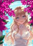  1girl :d bangs bare_shoulders blonde_hair blue_eyes blue_sky bougainvillea_(flower) breasts choker cleavage commentary_request day dress earrings eyebrows_visible_through_hair facial_mark flower flower_earrings hair_flower hair_ornament highres jewelry large_breasts long_hair looking_at_viewer ocean open_mouth original sky sleeveless sleeveless_dress smile solo sparkle sundress tamarashi upper_body white_dress 