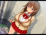  1girl blue_eyes blush bow bowtie breasts brown_hair hair_ornament hairclip highres large_breasts looking_at_viewer original plaid plaid_skirt pleated_skirt red_bow red_skirt school_uniform shiny shiny_skin short_hair skirt solo tsukumiya_amane 