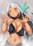  1girl against_fourth_wall against_glass armlet azur_lane bare_shoulders bikini_top black_bikini_top body_writing breasts choker cleavage colored_eyelashes dark_skin hair_ornament hands_up large_breasts long_hair massachusetts_(azur_lane) midriff navel outstretched_hand parted_lips pokachu red_eyes silver_hair solo steam sweat very_long_hair 